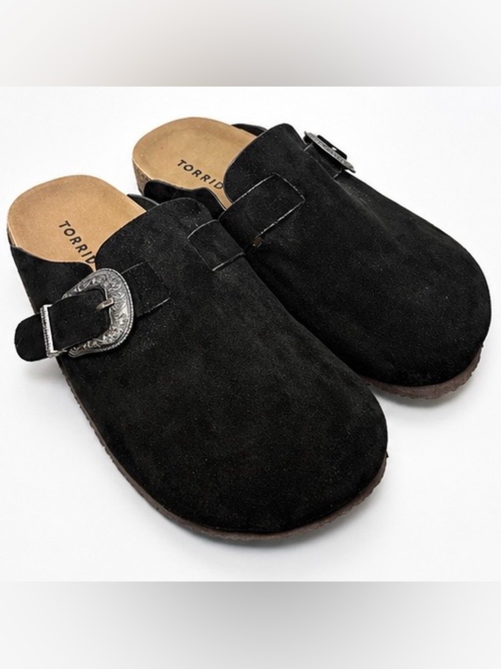 Torrid 8.5W Black Faux Suede Buckle Clogs Mules Wide Comfort Shoes